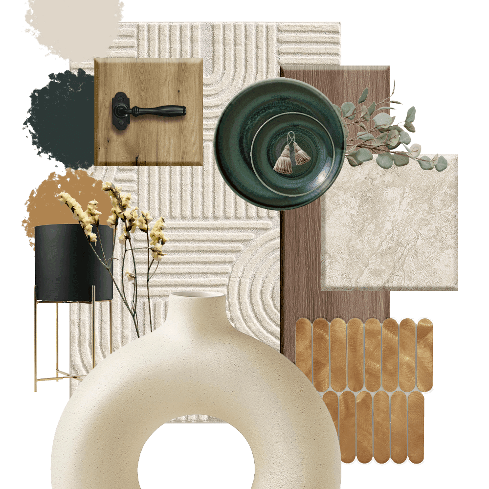 Moodboard przedstawiający elementy designu wnętrz